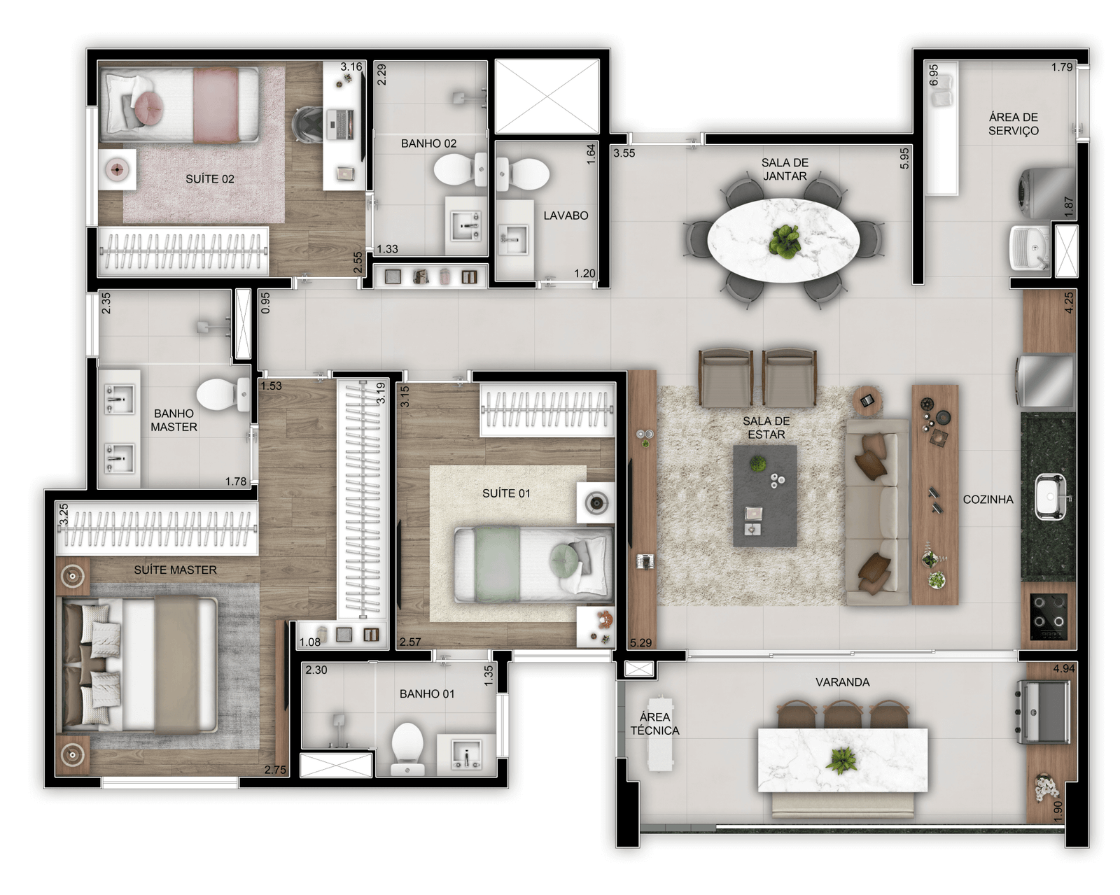 Planta tipo do Wide Nova Campinas — 104m², 3 suítes, Nova Campinas, Campinas