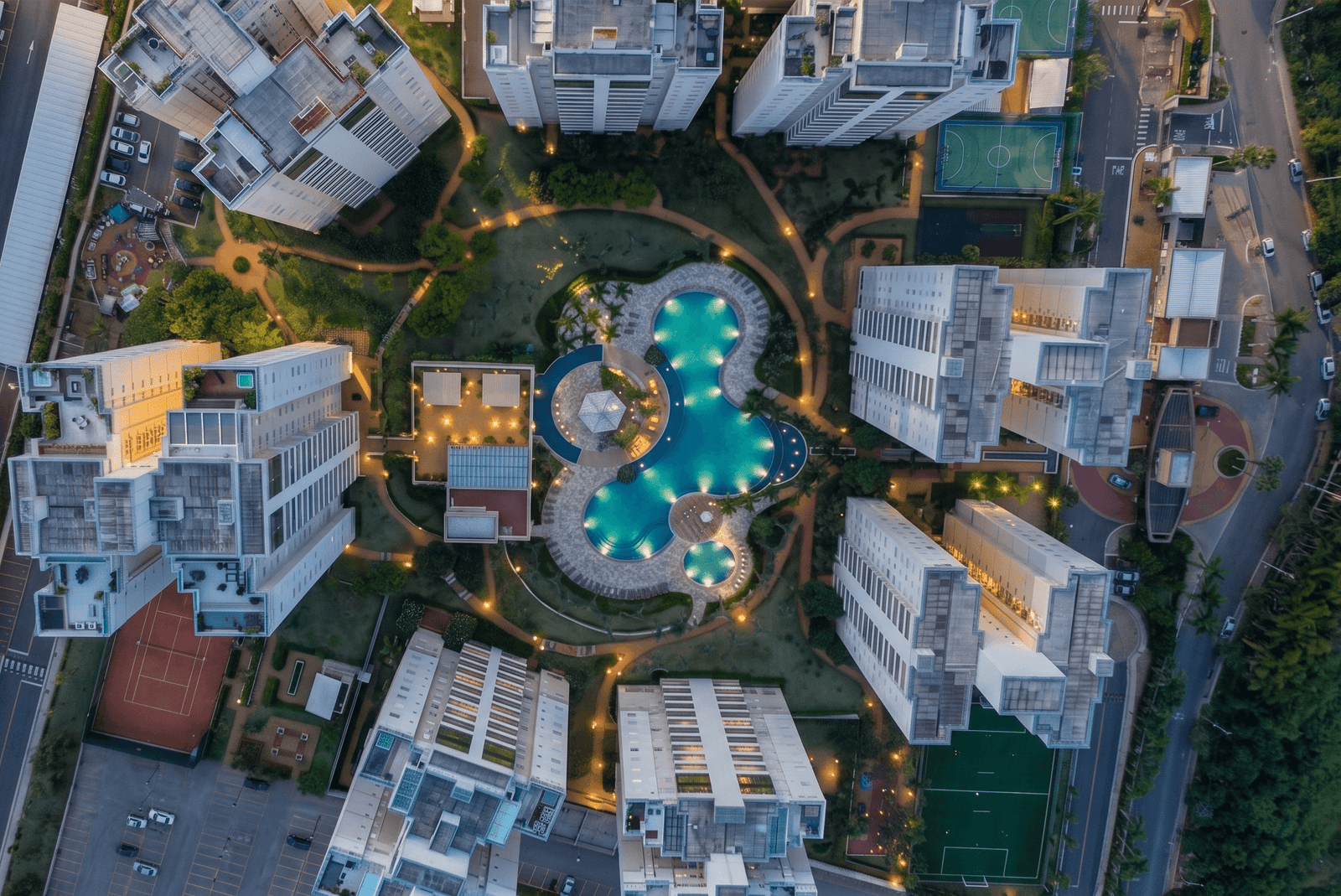 Vista aérea do Acqua Galleria Condomínio Resort — complexo em Fazenda São Quirino, Campinas